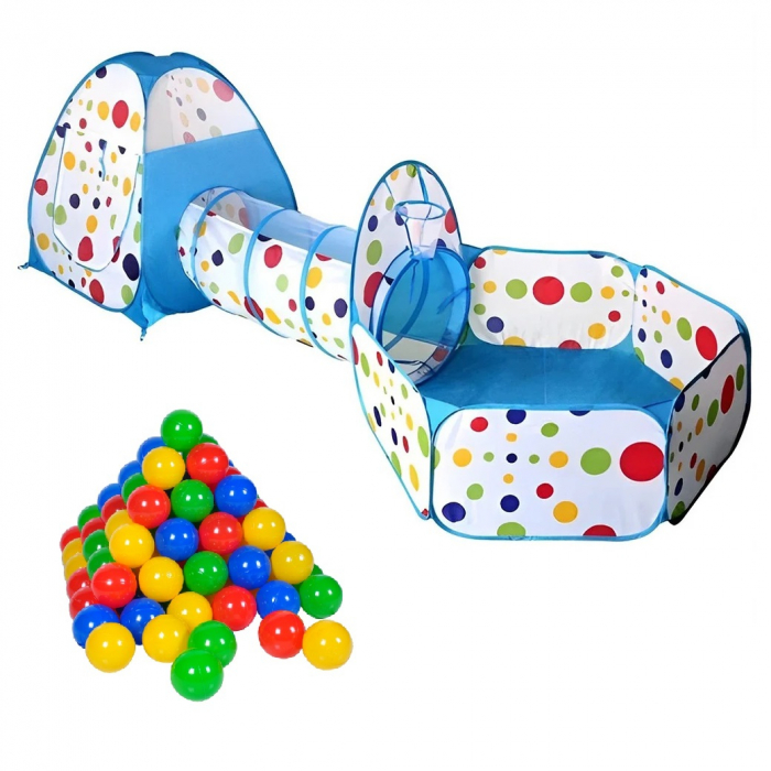 Cort de joaca 3 in 1 ideal pentru copii cu 100 de bile multicolore incluse, format din casuta, tunel intermediar si piscina, albastru [1]