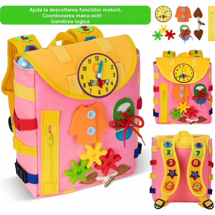Ghiozdan Montessori pentru Copii , Fidget Pop, cu Catarame si Fermoare, Jucarii Senzoriale, Activitate de Invatare prin Joc, Roz [2]