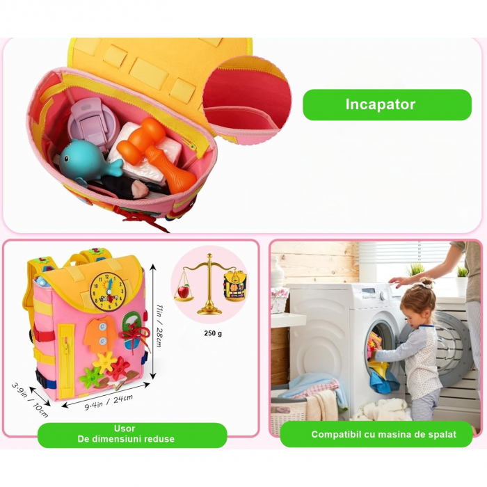 Ghiozdan Montessori pentru Copii , Fidget Pop, cu Catarame si Fermoare, Jucarii Senzoriale, Activitate de Invatare prin Joc, Roz [3]
