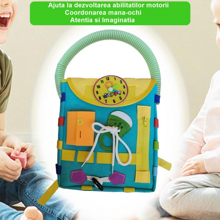 Ghiozdan Montessori pentru Copii, Fidget Pop, cu Catarame si Fermoare, Jucarii Senzoriale, Activitate de Invatare prin Joc, Turcoaz [2]