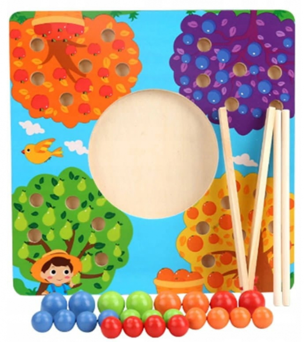 Joc dexteritate si asociere culori si fructe cu bile din lemn, cleste, chopsticks, multicolor [5]
