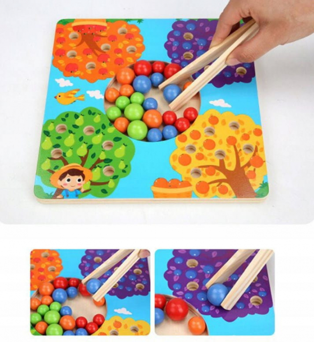 Joc dexteritate si asociere culori si fructe cu bile din lemn, cleste, chopsticks, multicolor [4]