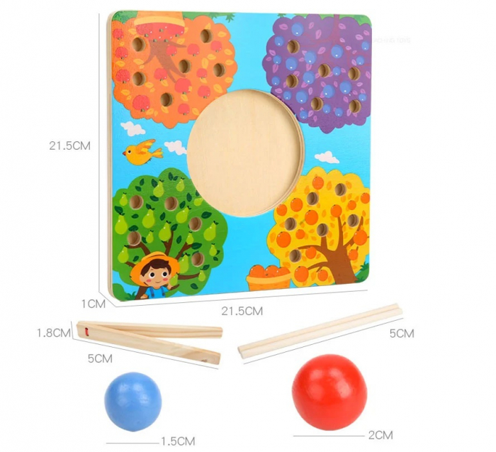 Joc dexteritate si asociere culori si fructe cu bile din lemn, cleste, chopsticks, multicolor [6]