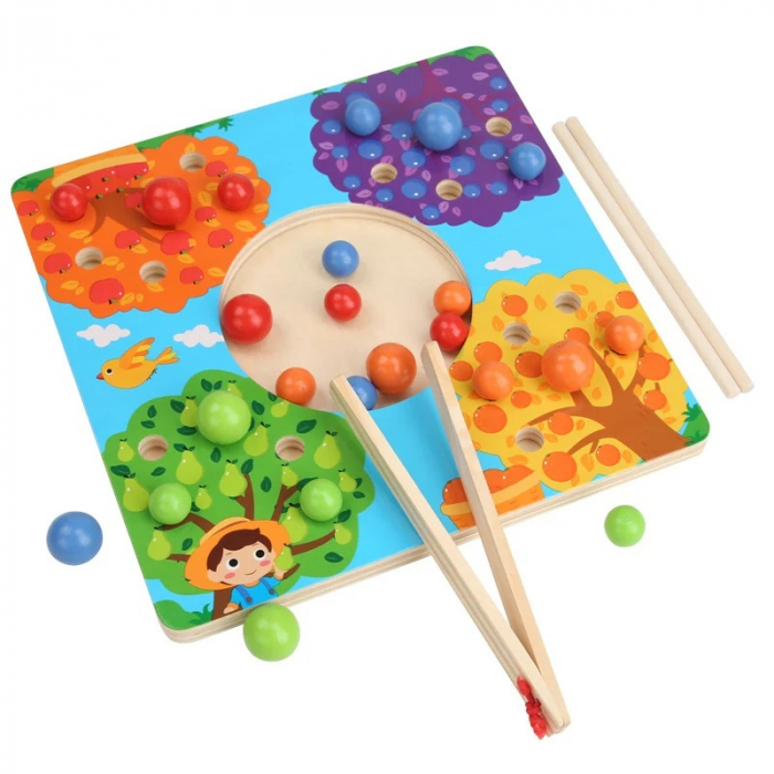 Joc dexteritate si asociere culori si fructe cu bile din lemn, cleste, chopsticks, multicolor [1]
