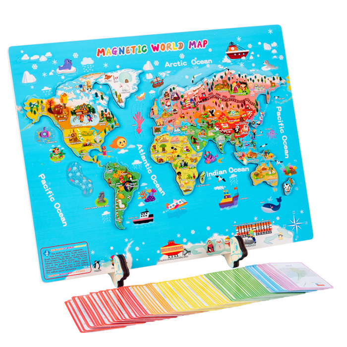 Joc educativ magnetic din lemn Harta Lumii, 184 cartonase, multicolor [1]