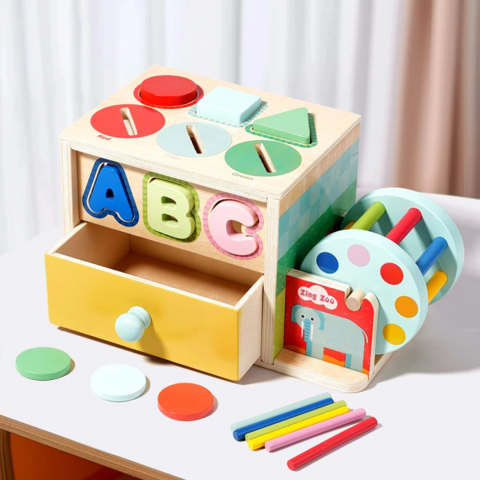 Joc educativ Montessori 3 in 1 – Sortator, Sertare si Cilindru, multicolor [2]