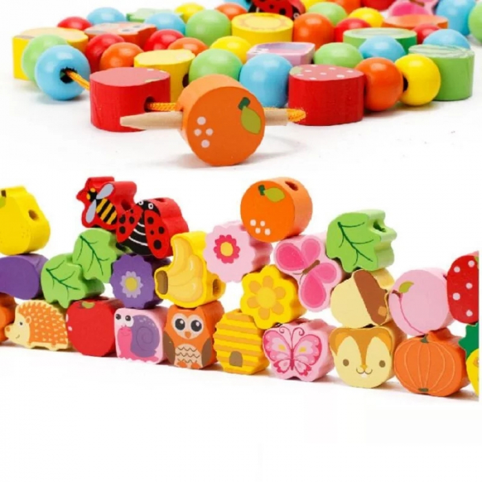 Joc Montessori din lemn de snuruit si insirat 2 in 1 Pomul cu fructe, 102 piese, multicolor [3]
