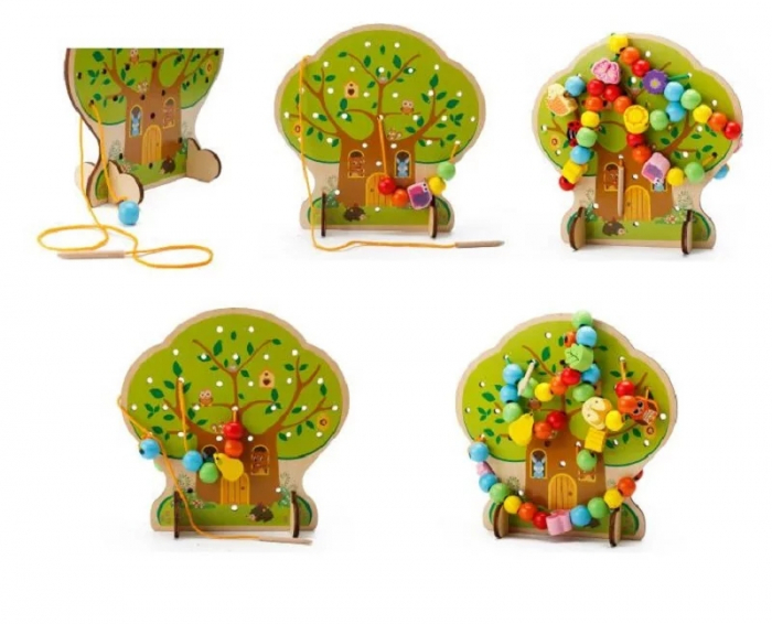 Joc Montessori din lemn de snuruit si insirat 2 in 1 Pomul cu fructe, 102 piese, multicolor [2]
