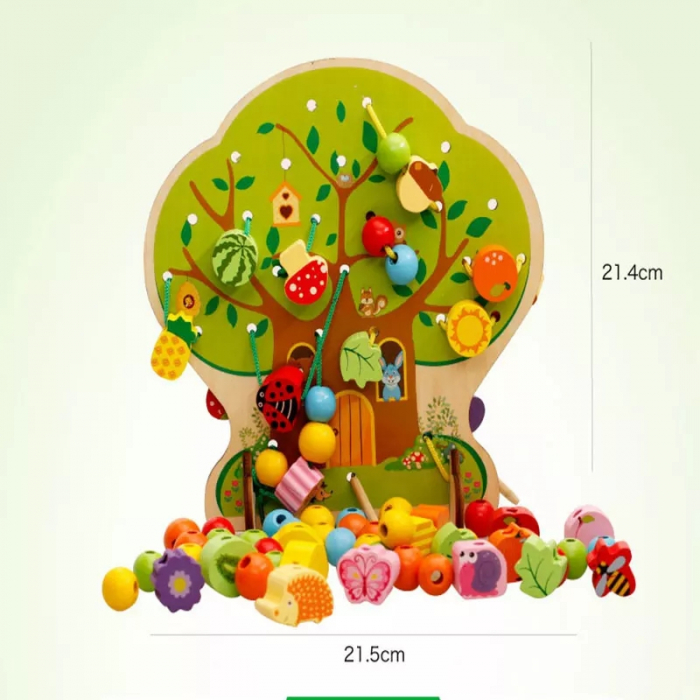 Joc Montessori din lemn de snuruit si insirat 2 in 1 Pomul cu fructe, 102 piese, multicolor [5]