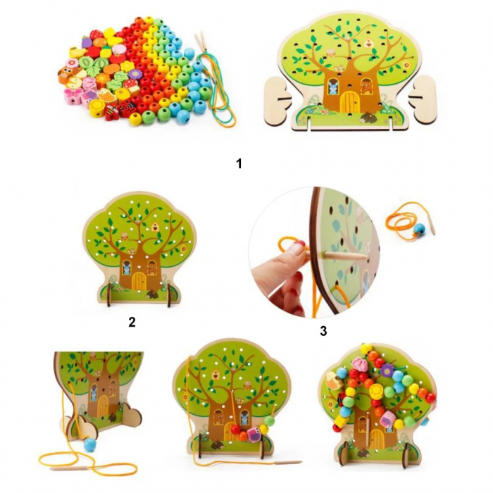 Joc Montessori din lemn de snuruit si insirat 2 in 1 Pomul cu fructe, 102 piese, multicolor [4]