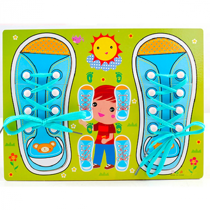 Joc Montessori din lemn si puzzle Invata sa legi sireturi, albastru [1]