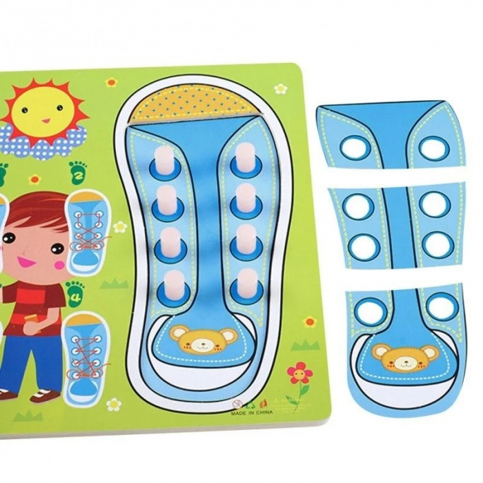 Joc Montessori din lemn si puzzle Invata sa legi sireturi, albastru [2]
