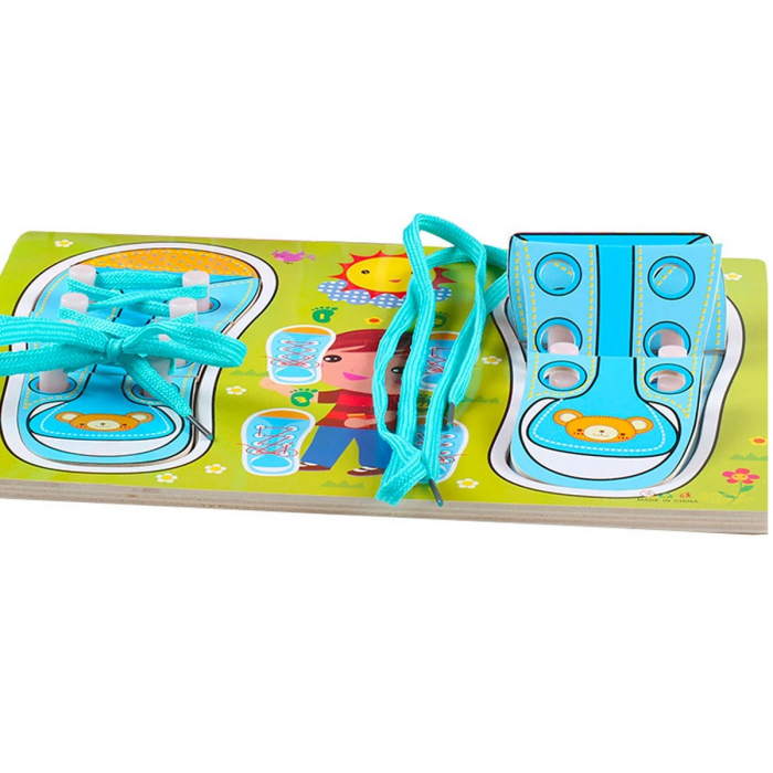 Joc Montessori din lemn si puzzle Invata sa legi sireturi, albastru [3]