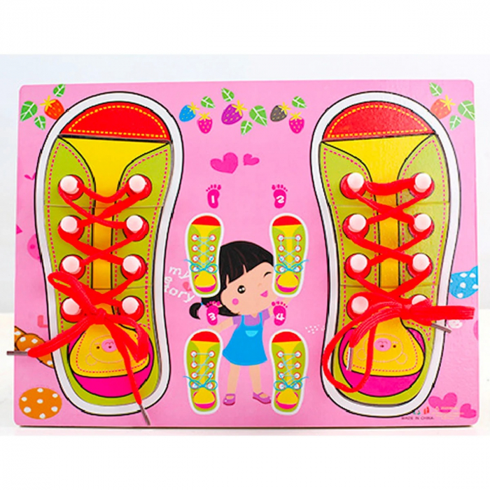 Joc Montessori din lemn si puzzle Invata sa legi sireturi, roz [1]