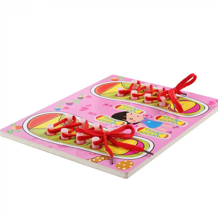Joc Montessori din lemn si puzzle Invata sa legi sireturi, roz [3]