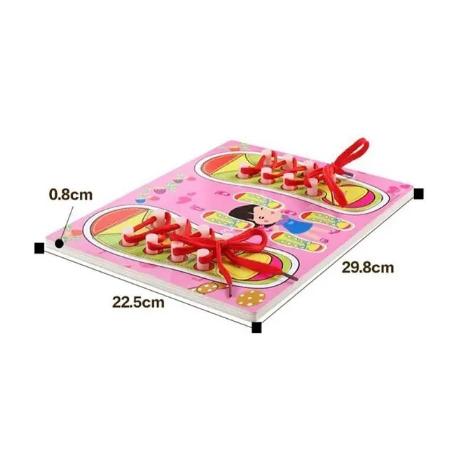 Joc Montessori din lemn si puzzle Invata sa legi sireturi, roz [2]