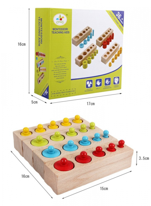Jucarii Montessori Cilindri din lemn colorati 4 seturi, multicolor [6]