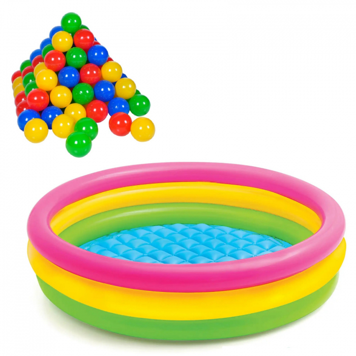 Piscina gonflabila Curcubeu cu podea moale pentru copii, 50 bile colorate incluse, 110x30 cm [1]