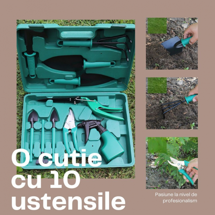Set 10 accesorii pentru gradinarit , Geanta depozitare inclusa, otel inoxidabil, 37 x 28 cm, verde [7]