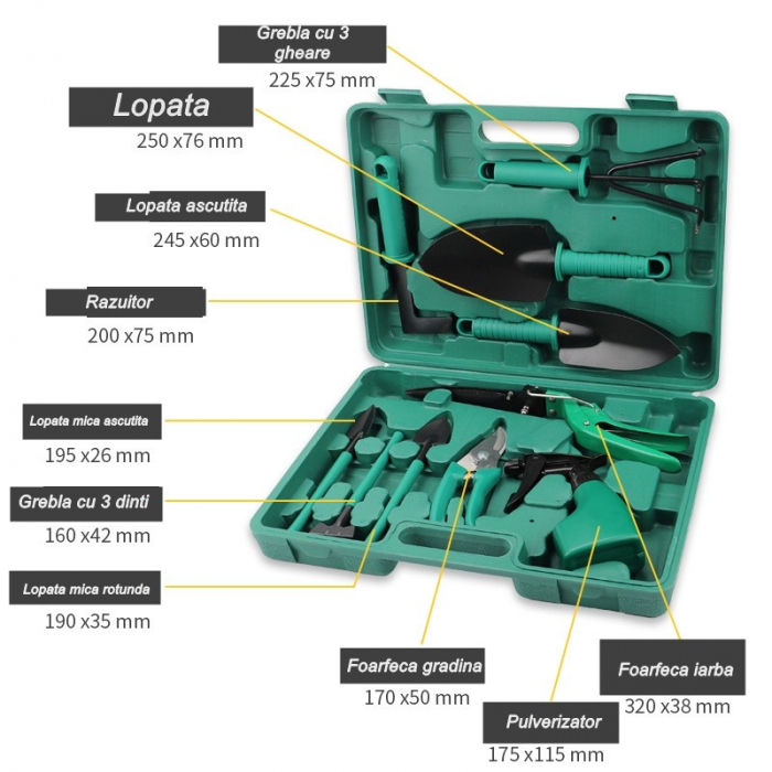 Set 10 accesorii pentru gradinarit , Geanta depozitare inclusa, otel inoxidabil, 37 x 28 cm, verde [3]