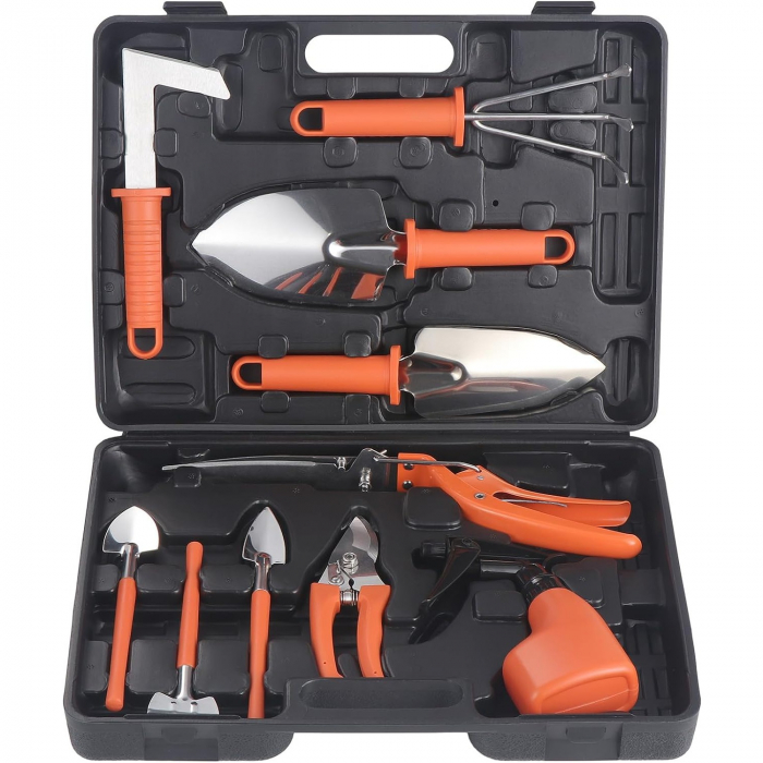 Set 10 Unelte de Gradina,  Material PVC si Otel Inoxidabil, Cutie Inclusa, 37x28x7 cm, Negru [1]