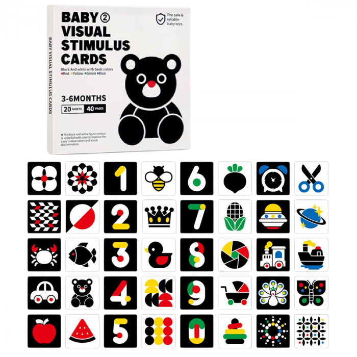 Set 40 imagini stimulare vizuala si cognitiva bebelusi, carduri multicolor, 3-6 luni [1]