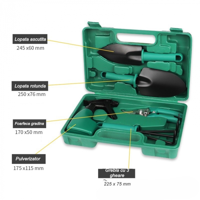 Set 5 accesorii pentru gradinarit , Geanta depozitare inclusa, otel inoxidabil, 18.5 x 29.5 cm, verde [6]
