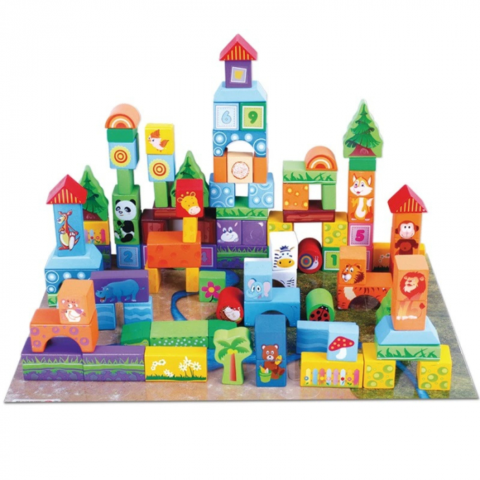 Set cuburi de construit din lemn, 100 piese, Animale Salbatice [1]