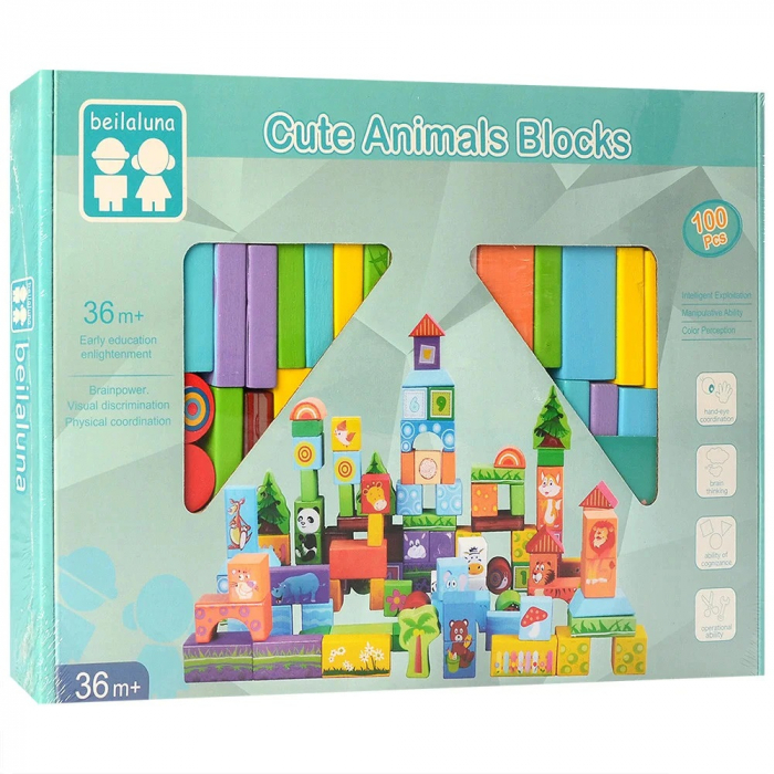 Set cuburi de construit din lemn, 100 piese, Animale Salbatice [2]