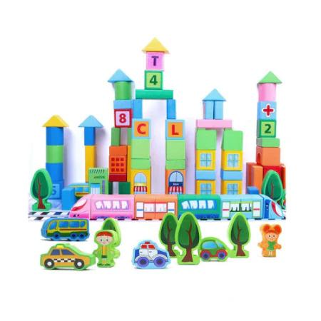 Set cuburi de construit din lemn, 100 piese, Smart Town Blocks [1]
