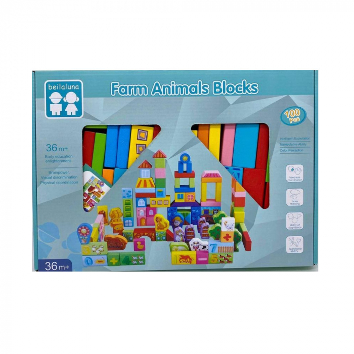 Set cuburi din lemn pentru construit, 100 piese, Ferma animalelor [5]