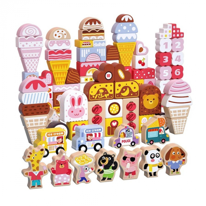 Set cuburi lemn Animale si Inghetata Ice Cream World, 116 piese, multicolor [1]
