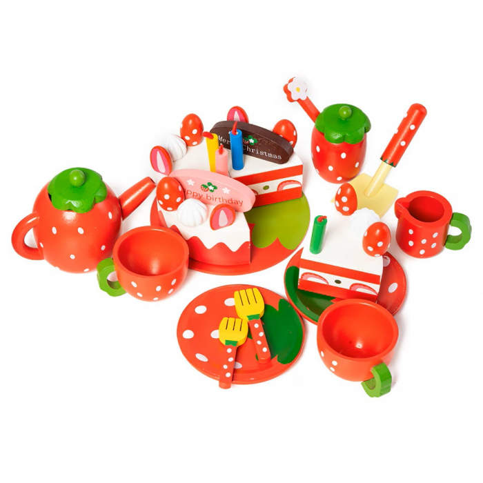 Set de ceai si tort aniversar din lemn in cutie Strawberry Party, multicolor [1]
