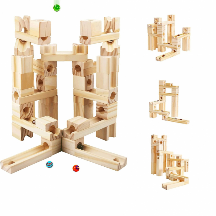 Set de constructie Marble Run din lemn cu bile din sticla, 60 piese, natur [3]