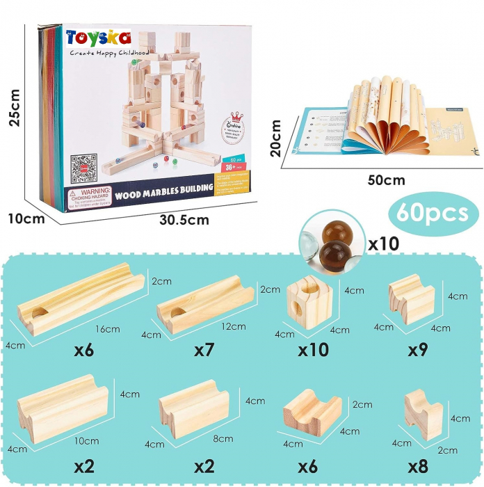 Set de constructie Marble Run din lemn cu bile din sticla, 60 piese, natur [5]