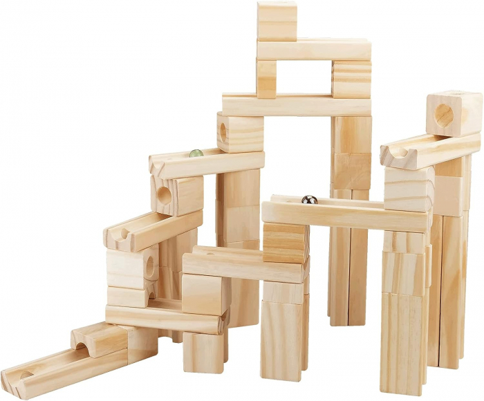 Set de constructie Marble Run din lemn cu bile din sticla, 60 piese, natur [4]