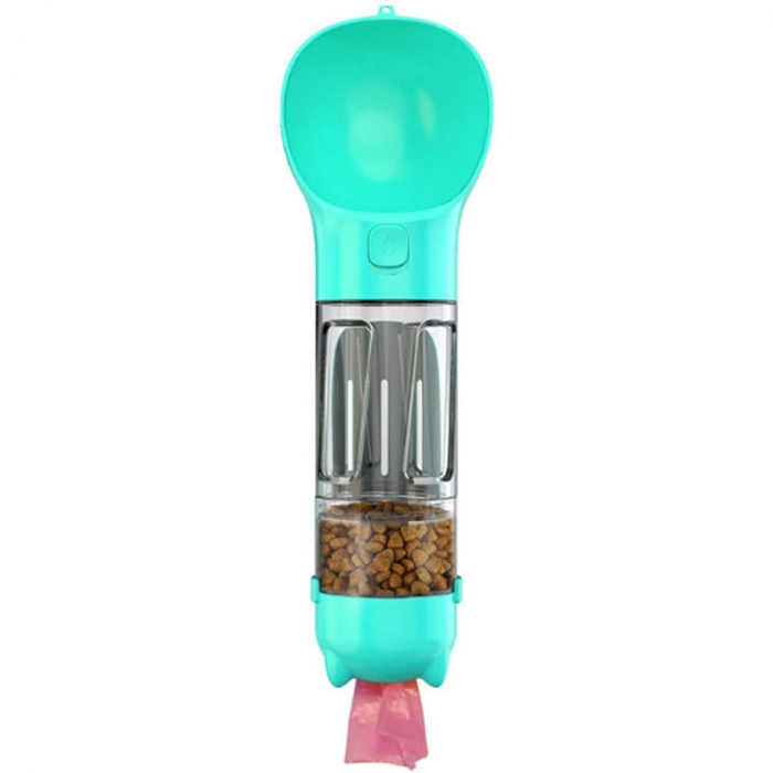 Sticla portabila 4 in 1 ,pentru caini si pisici, cu 3 compartimente + lopetica, 300ml, apa, hrana, pungi igienice, lopetica, 26.7 x 9.7 x 9.4 cm, turcoaz [1]