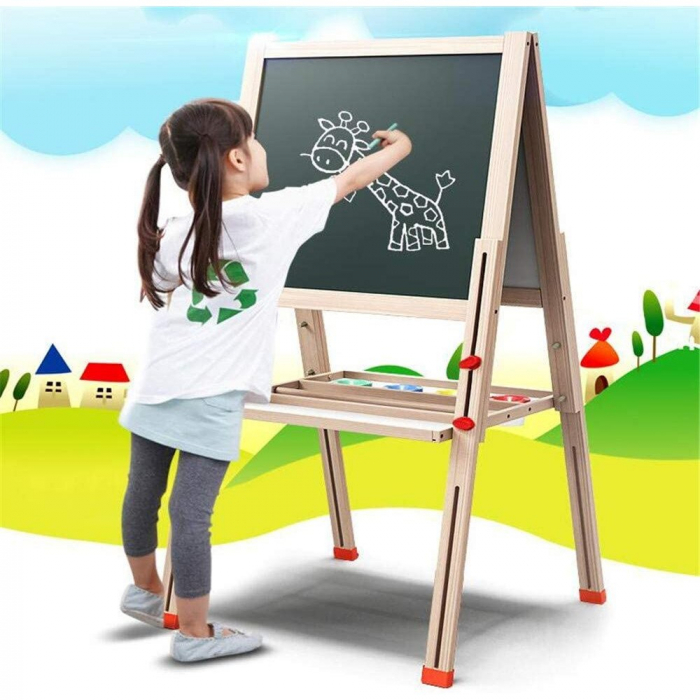 Tabla educativa din lemn, reglabila, pentru desenat si scris, 2 fete, tip sevalet, 148 cm [2]