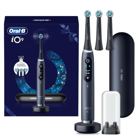 Комплект електрическа четка за зъби Oral-B iO9 + 2 глави за четка с магнитна технология и микровъбрации, Черен