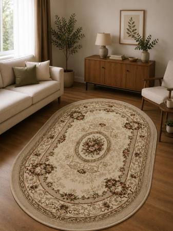 Covoare Clasice - Covor Clasic, Lotos 568, Crem floral, Oval, Diverse Dimensiuni, 1800 gr/mp