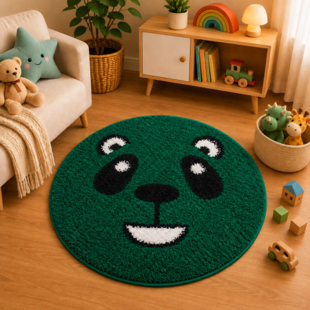 Covoare Copii - Covor Fantasy Panda,Verde, 67x67 cm, Rotund, 2550 gr/mp