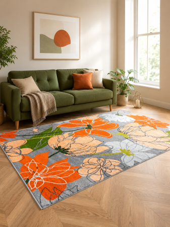 COVOARE - Covor Modern, Kolibri Portocaliu Floral ,11548/963, Diverse Dimensiuni, 2200 gr/mp