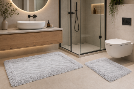 Covorase Baie - Set 2 Covorase Baie, Rombs 14 Gri, Covor 100% Bumbac, Dimensiunea 60x100 cm