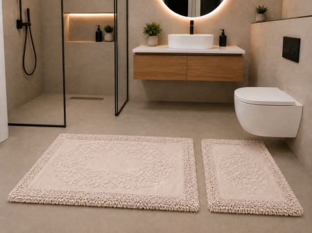 Covorase Baie - Set Covor baie, Clasic, Covor 100% Bumbac, Dimensiunea 60x100/50x80 cm, Roz