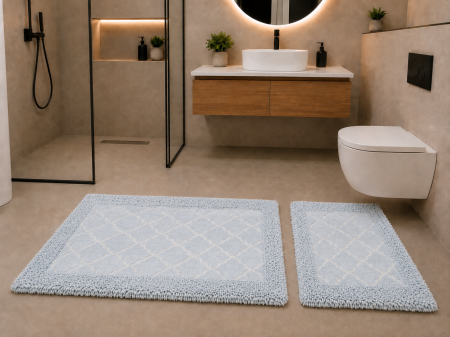 Covorase Baie - Set 2 Covorase Baie, Rombs Albastru, Covor 100% Bumbac, Dimensiunea 60x100/50x80 cm