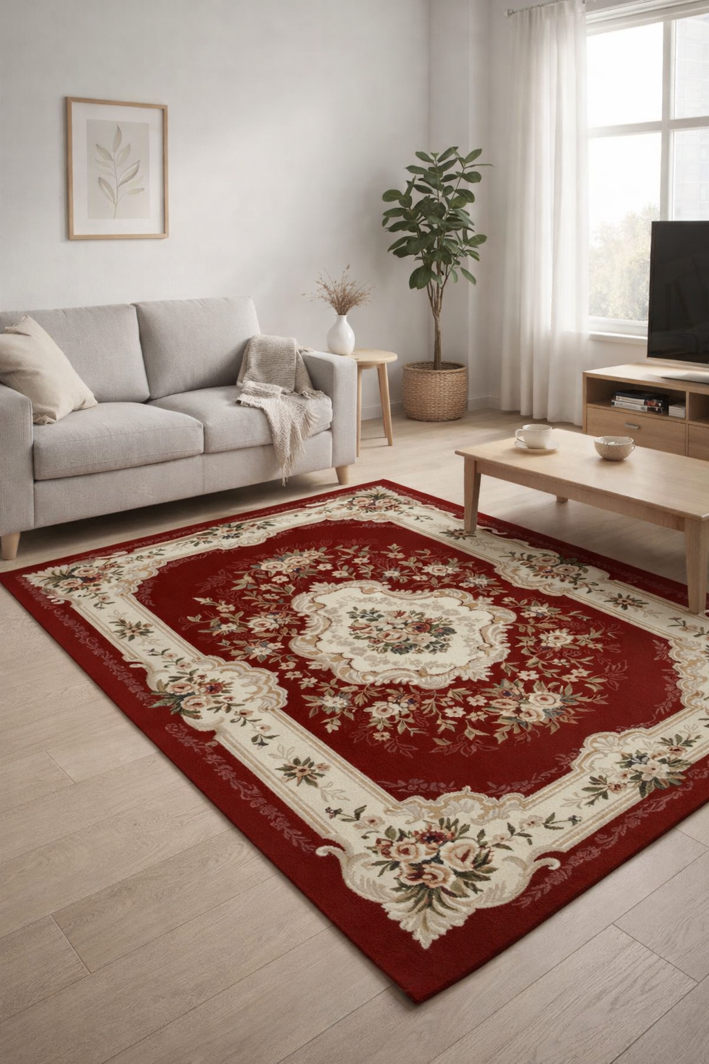 Covor Lotos Rosu 200x400 cm cu Medalion Crem pentru Living [2]