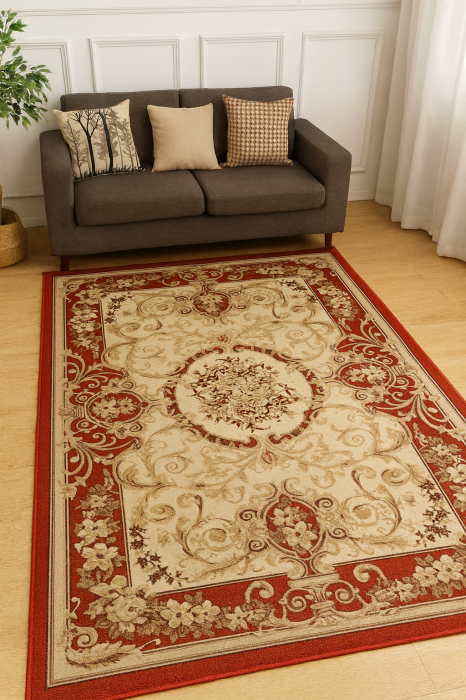 Covor Lotos 519 Crem 250x350 cm cu Medalion Rotund si Bordura Rosie [2]