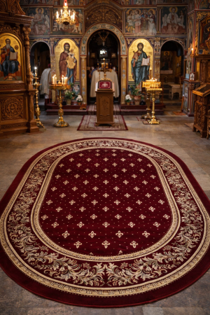 DUPA MATERIAL - Covor Bisericesc Rosu Oval 200x300 cm cu bordura aurie pentru altar