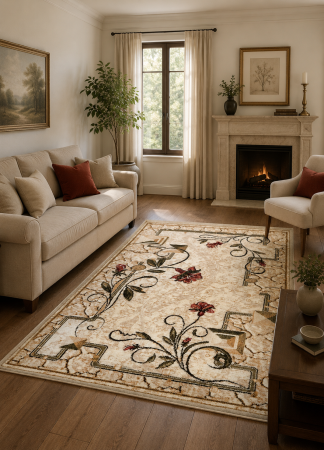 Covoare Dreptunghiulare - Covor Lotos 587 Crem Bej 60x110 cm cu motive florale pentru living