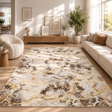 Covoare Moderne si Geometrice - Covor Model Elsa 12287/2, Marime 150x230 cm, Crem/Auriu, Poliester 100%, Inaltime Fir 5 mm, Living, Dormitor, Sufragerie, Birou